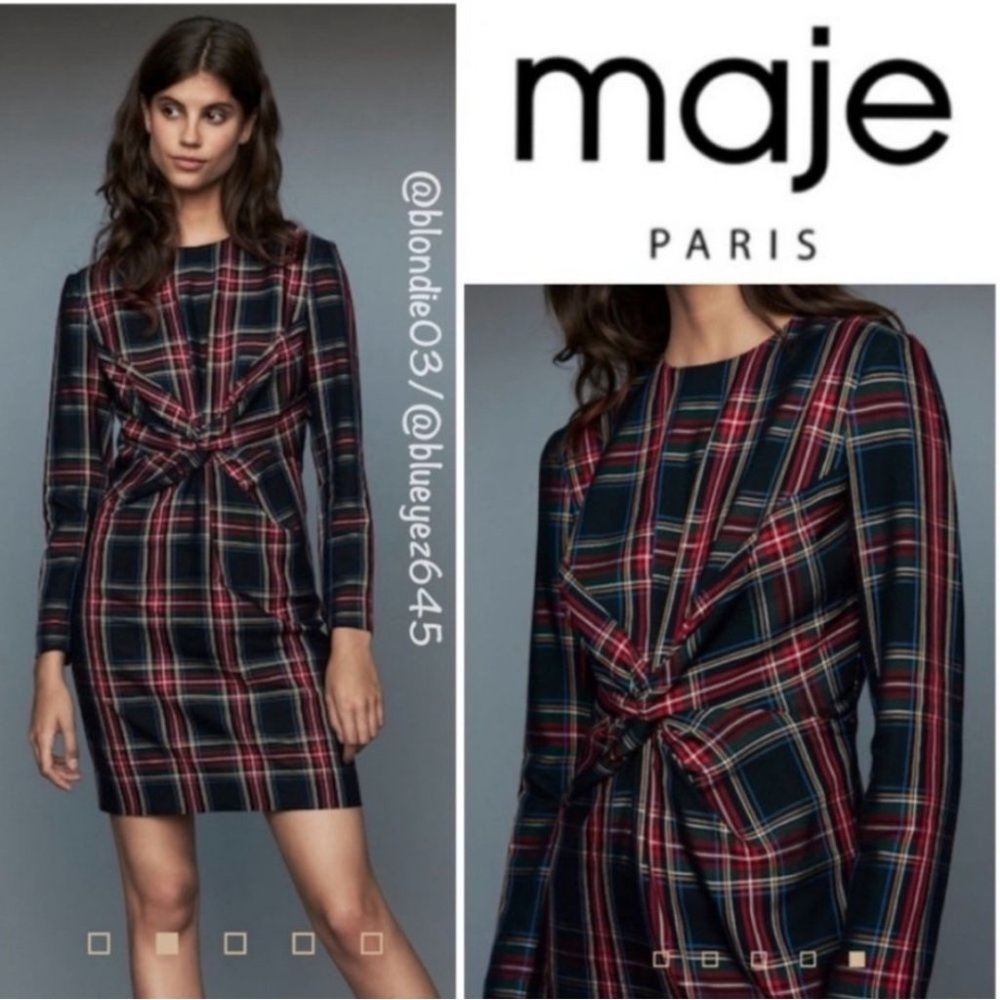 MAJE Plaid Dress Ripper Tartan Plaid Woven Mini Long Sleeve Size Black Red 1
